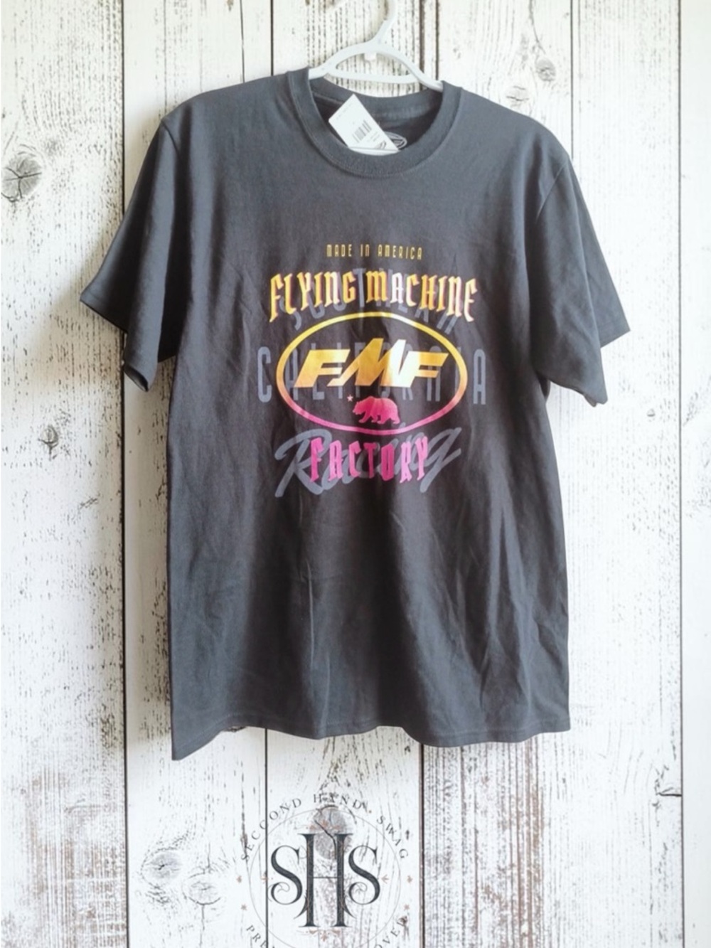Flying Machine Black Tee with Yellow and Pink Graphic